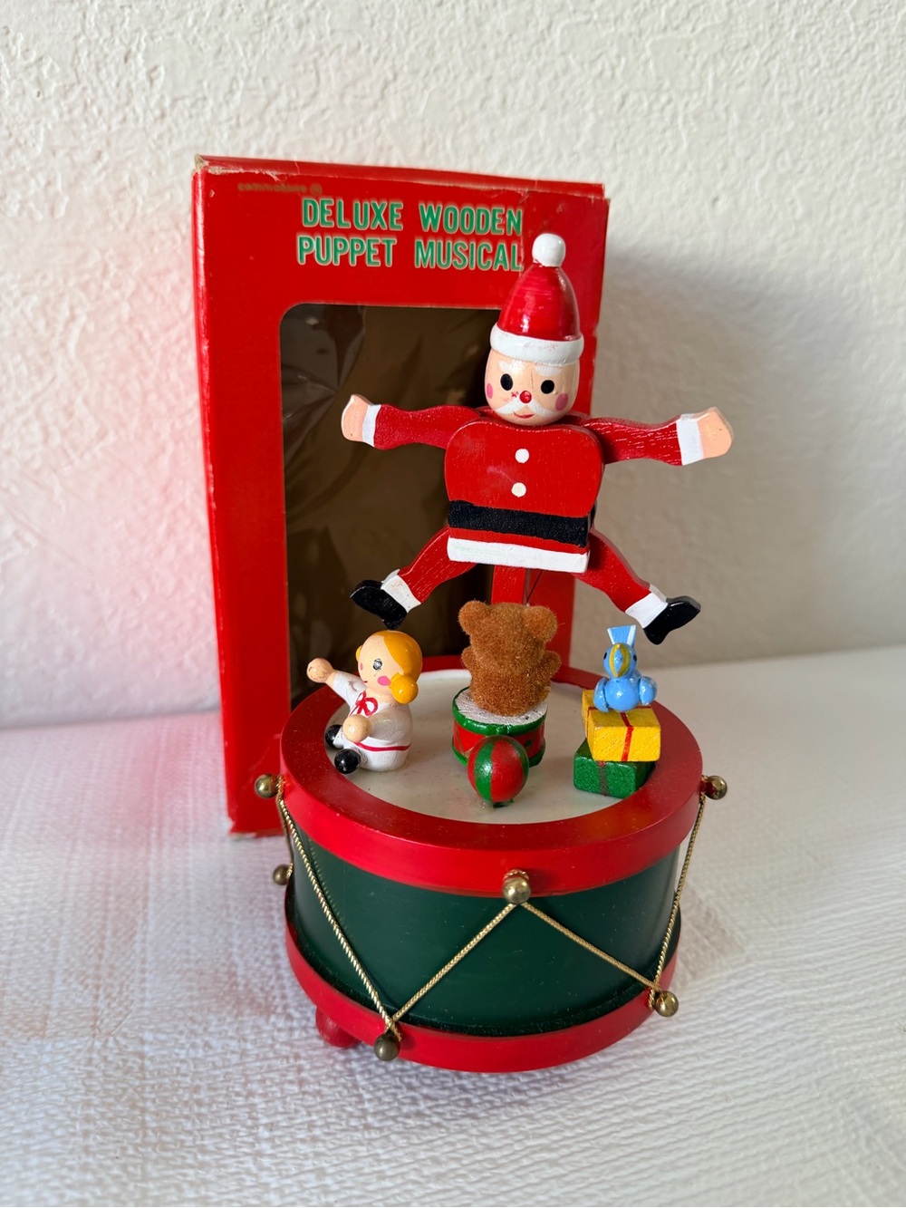 Deluxe Wooden Puppet Musical Toy Red & Green Holiday Drum